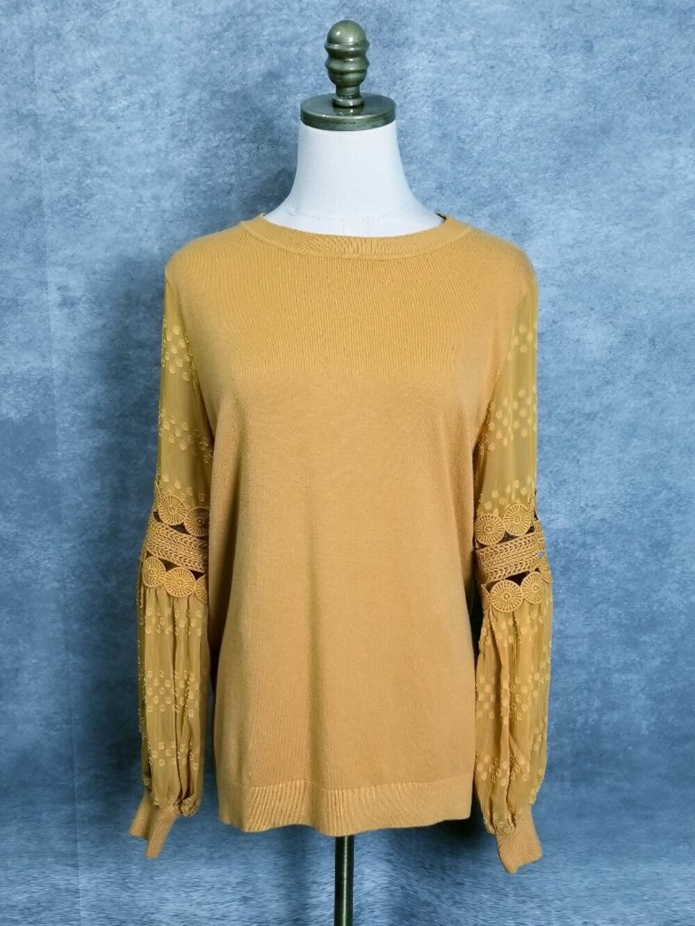 Sioni Milano Mixed Media Knit Sweater M Russet Gold Sheer Lace Crochet Sleeve